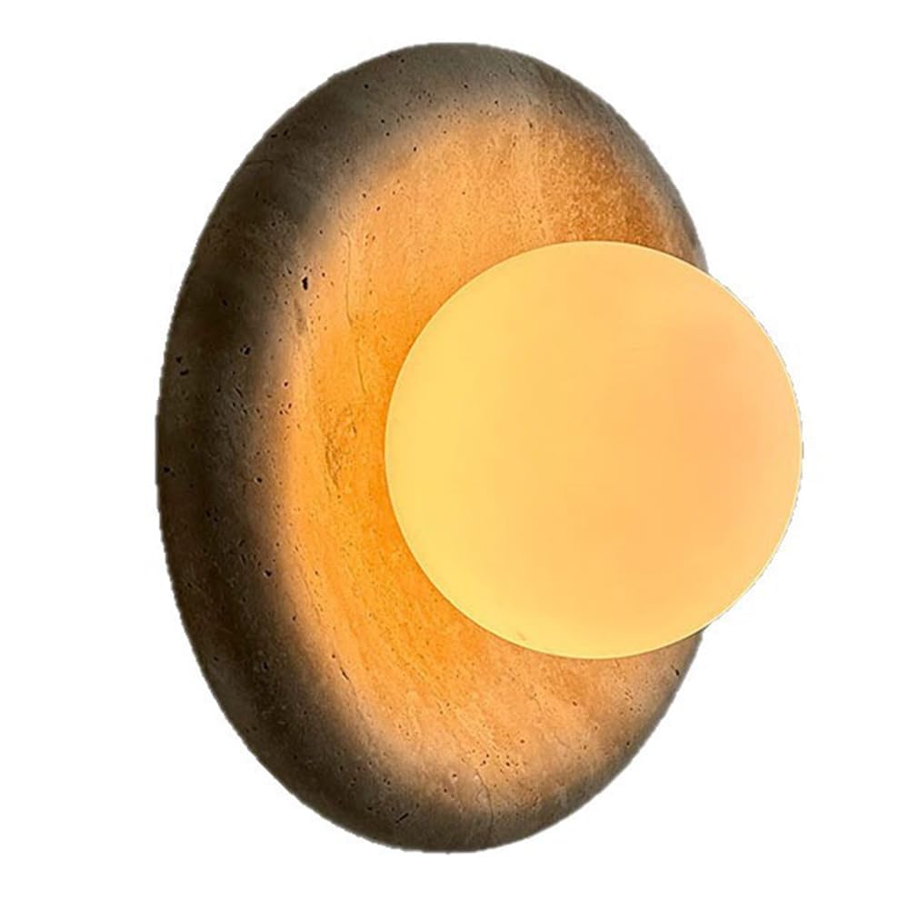 LANTANB Wall Mount Lights Yellow Travertine Wall Sconce Round Hardwired Modern Sconces Walls Decor Indoor Lighting for Bedroom Vanity Light Fixture for Mirror Milky White Glass