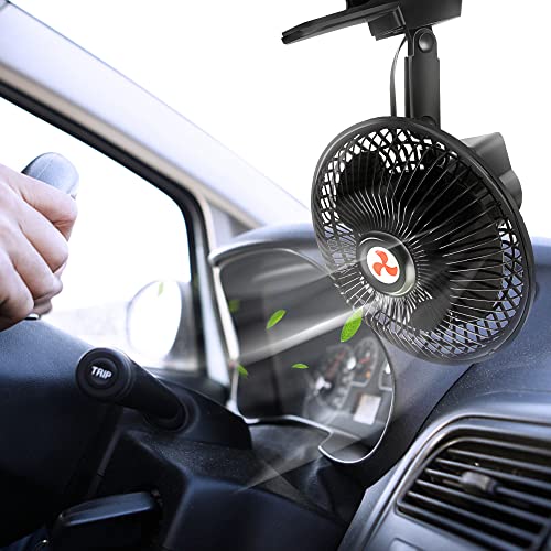 12 Volt Oscillating Fan, 6" Portable Car Fan With Car Cigarette Lighter, 360° Cooling Ventilation, Car DC Clip Fan, 12v Fan for Truck,RV,Car (Cord Length 5FT)