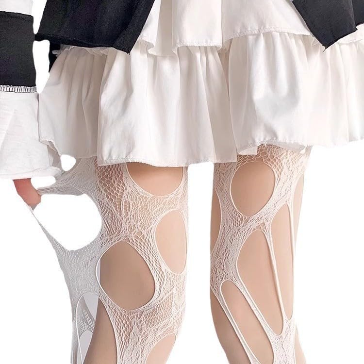 Image of Ripped Fishnet Stockings Tights Gothic Irregular Hole Hollow Out Mesh Lace Pantyhose Women Cosplay Party Accessories
