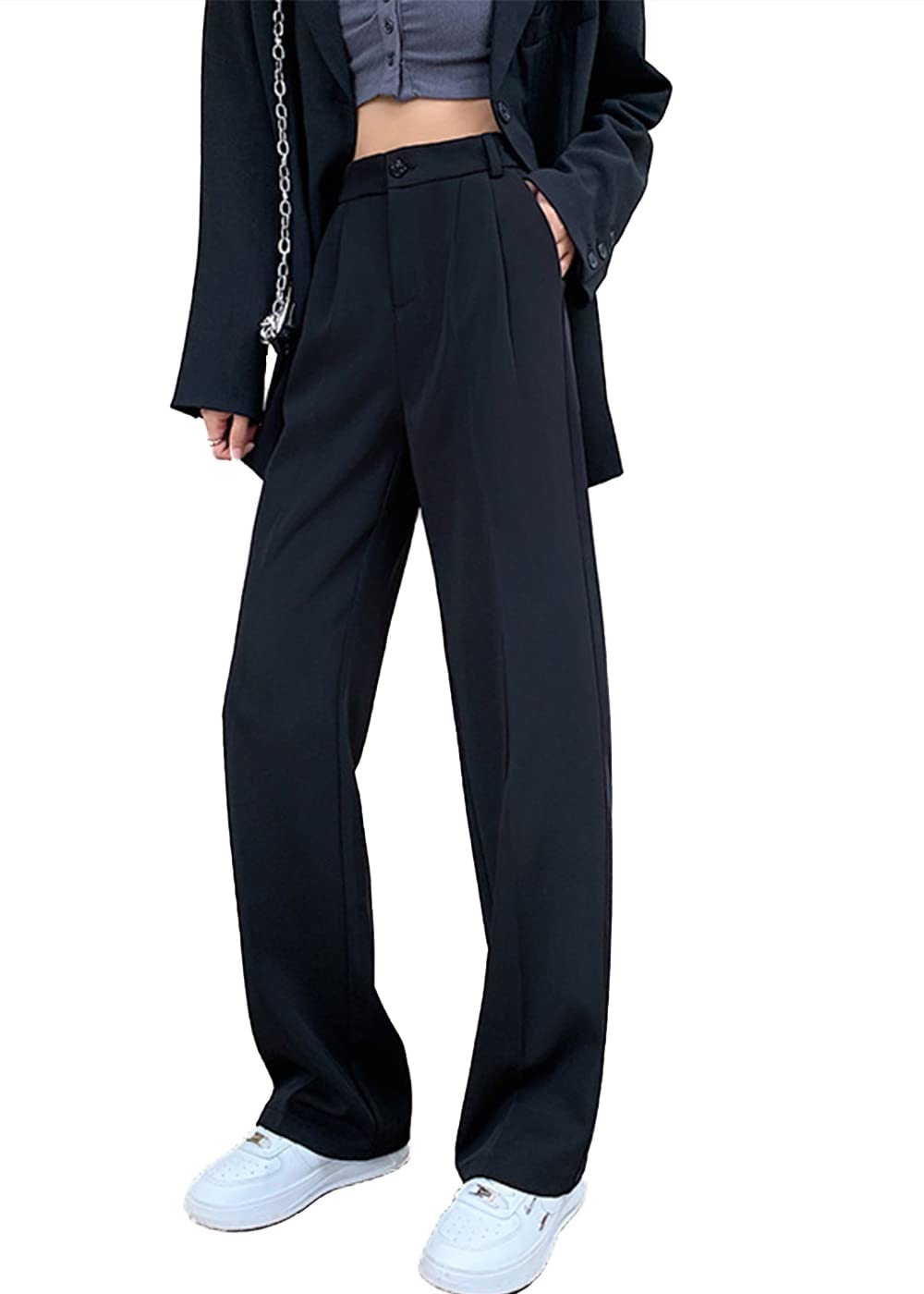 Cocoinsity Women Casual Suit Pants High Waist Solid Button Down Straight Loose Trousers