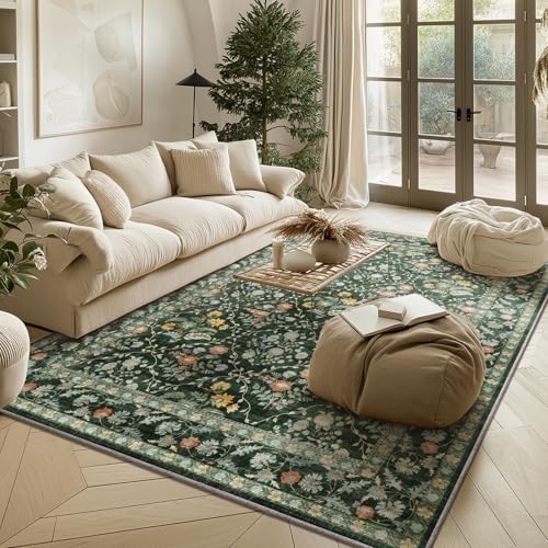 Image of Vintage Botanical Dark Green Area Rug 5x7 Elegant Floral Pattern, Durable Stain-Resistant Fabric, Perfect for Living Room, Bedroom, Dining Room Decor