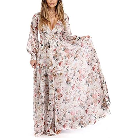 Womens Summer Long Lantern Sleeve Chiffon Maxi Dress Deep V-Neck,Wrap Front High Waist Floral Printed Beach Sundress for Evening Party (Beige, M) Cover