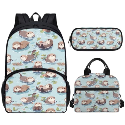 Sea Otter Kawaii Backpack 3Pcs Set Aesthetic School Bags 17 inch Cute Bookbag and Lunch Box Set for Toddler Girls Boys Bookbag 10-12 Years Old Travel Back Pack