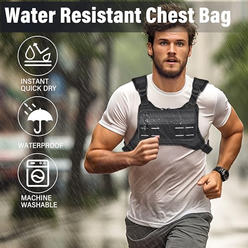 MOZETO Chest Pack, Water Resistant Running Vest for Men Running Phone Holder With Extra Storage Lightweight Chest Bag, Black, One Size - Image 3