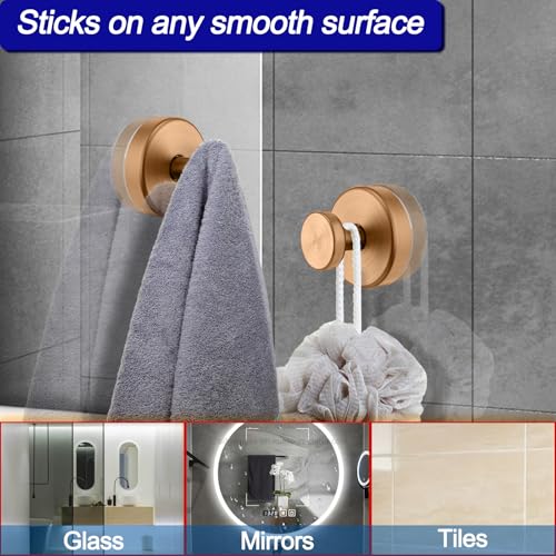 Image of Bntuk Suction Cup Hooks for Shower, Removable Towel Hooks for Bathroom Window Glass Door Wall, Bath Robe Looafh Wreath Hook for Hanging - 2 Pack, Champagne Bronze