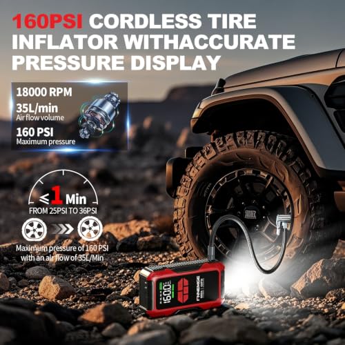 Image of FNNEMGE 9000A Jump Starter with Air Compressor, 26800mAh Car Battery Jumper Starter Portable 12V(for All Gas /10.0L Diesel), 160PSI Tire Inflator, with Large LCD Display and Lights