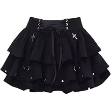 win2win Women's Vampire Goth Flared Low Waisted Tiered Skirt - Cross Lace Up Gothic Punk Skort for Casual Wear and Club