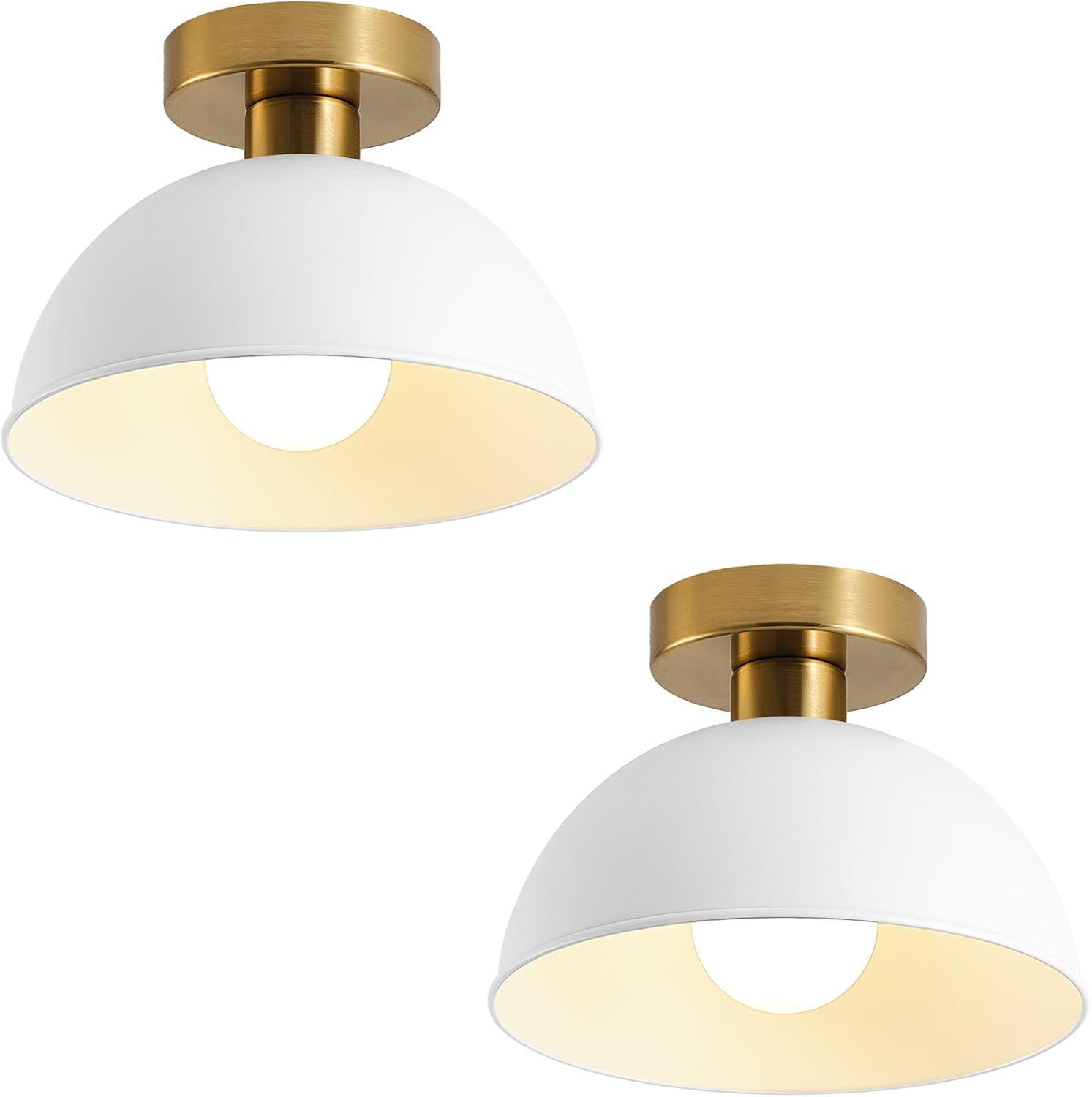 2-Pack Industrial Semi Flush Mount Ceiling Light with Gold Plate and White Shade, Farmhouse Ceiling Light Fixture for Kitchen Island Dining Room Foyer Hallway Porch Barn Loft?10in White 2-Pack