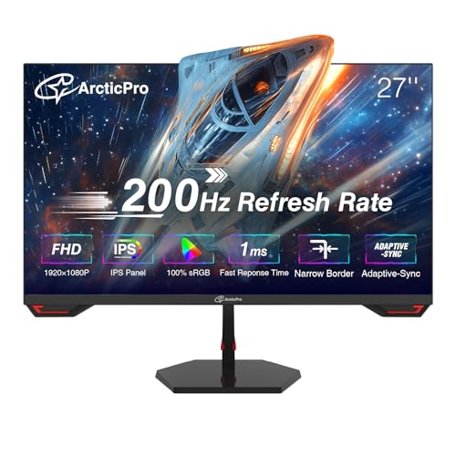 ArcticPro 27inch Gaming Monitor 200Hz 180Hz, IPS, FHD 1080p, 1ms Response Time, Adaptive sync, PC...