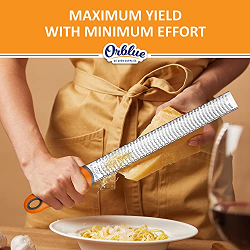 Orblue Lemon Zester & Cheese Grater - Premium Citrus Zester, Kitchen Grater for Parmesan, Chocolate, Fruits, Vegetables, Ginger, Garlic, Nutmeg - Stainless Steel Blades with Protective Cover, Orange