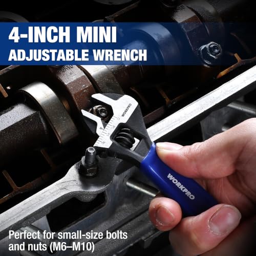 Image of WORKPRO 4-Inch Mini Adjustable Wrench, Cr-V Steel Wide Jaw Black Oxide Wrench for Small Nuts, Metric & SAE Scales, for Home, Workshop and DIY