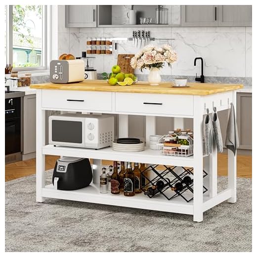 15+ Stunning Unfitted Kitchen Ideas to Transform Your Space 3 47.3" Solid Rubberwood Kitchen Island with Power Outlets - Extra Large Work Surface, 2 Drawers & Open Shelves Storage Cabinet for Kitchen Dining Room, Farmhouse Style (White)