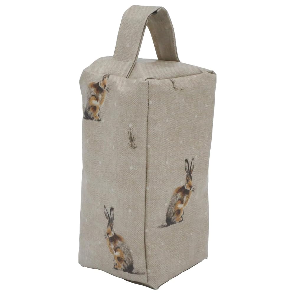 Fabric Door Stop, Tall Decorative Oilcloth Door Stopper for Outdoor, Indoor, Patio, Kitchen, Bedroom Use - 25cm/10in Tall Fabric Door Stop - Filled (Taupe Hartley Hares)