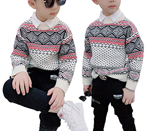 Baby Boy Cashmere Sweater Pullover Boys Crew Neck Long Sleeves Sweater Pullover Warm Cashmere Kids Knitwear for Children (39.3-43.3 inches) White