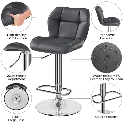 Yaheetech Bar Stools Set of 2, PU Leather Breakfast Bar Chairs, Swivel Height Adjustable Barstools, Counter Stools with Backrest for Home Kitchen Bar Restaurant, Grey - Image 6