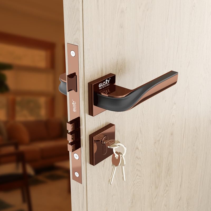 Image of GLOXY Premium Main Door Lock Handle - Zinc Main Door Lock Set with 3 Brass Keys - Rose Gold & Black Finish Door Handle Lock for Bedroom, Home & Office Doors - Heavy Duty Lock Body with 2 Year Warranty