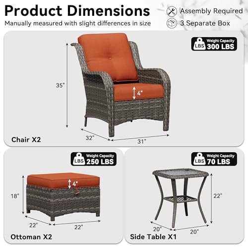 Image of 5 Piece Outdoor Wicker Patio Furniture Set, Patio Chairs Set with Thickened Olefin Cushions, High Back and Deep Seating, Hand-Woven PE Rattan, Ottoman for Porch, Deck
