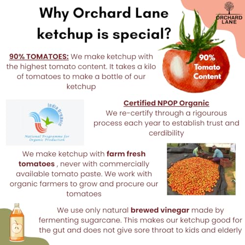 Image of Orchard Lane Organic Tomato Ketchup | Certified Organic, No Preservatives, No Refined Sugar | Less Sweet, Low Calorie, Non Fattening | Healthy Ketchup for Kids & Adults | Glass Bottle | 230g x 2 Pack