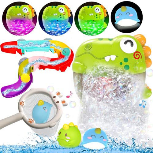 Toddler Bubbles Bath Toys, Light Up Bath Toy for Kids Age 1-3 Baby Bathtub Tub Toy Slide Track Dinosaur Bubble Machine Maker with Music Floating Animal Shower Toys Summer Outdoor Gift Boy Girl Age 2-5