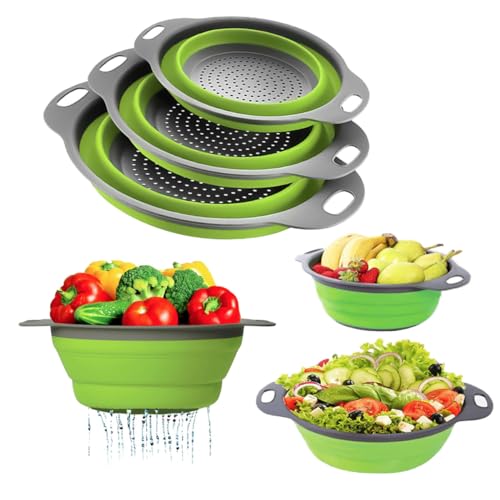 La mejor selección de Coladores favoritos de las personas. 48 WENTOR Juego de 3 Coladores de Cocina Plegables de Silicona para un Fácil Almacenamiento Fruta y Verduras o Como un Tazón de Frutas con Colado