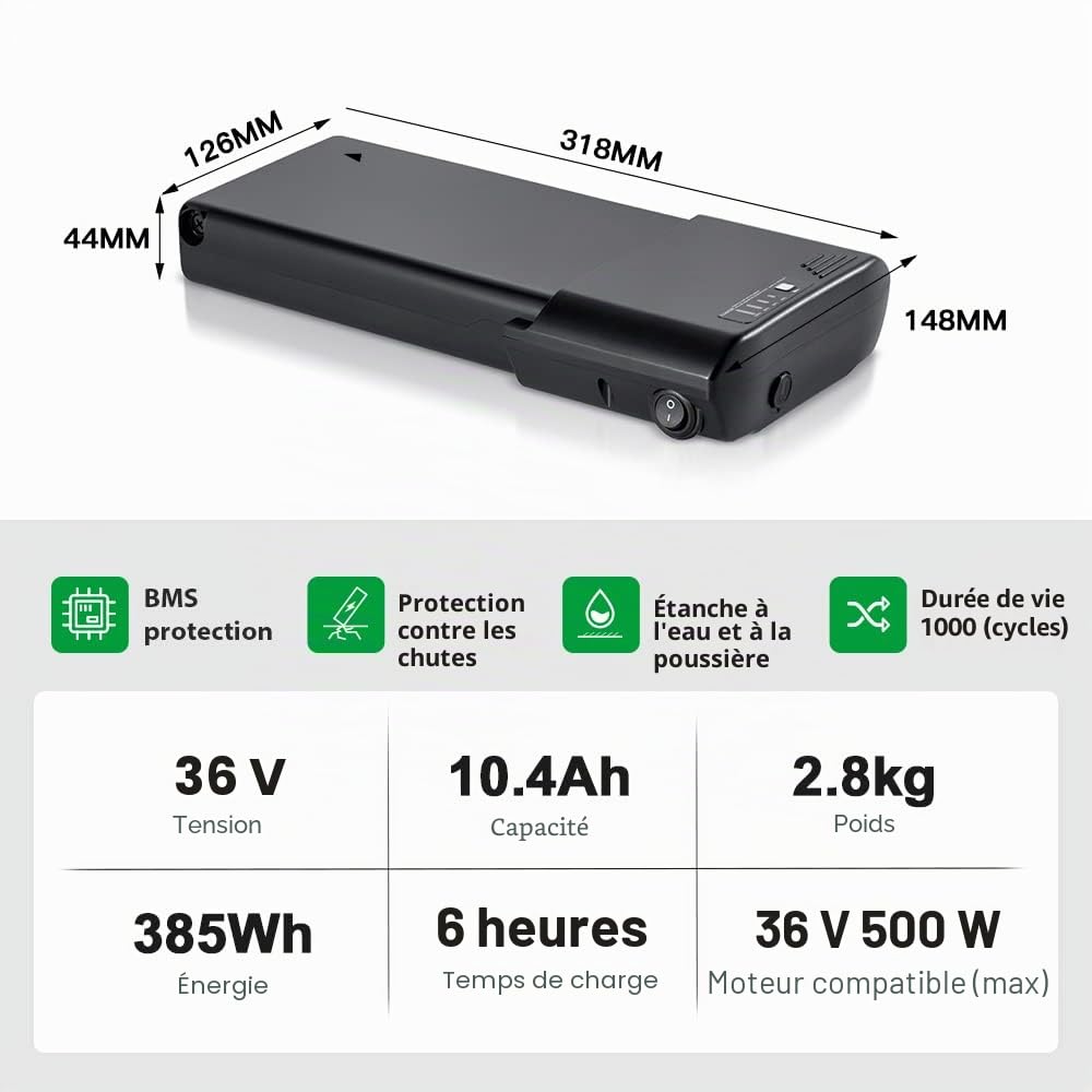 YOSE POWER Ebike Batterie 36V 10.4Ah de Vélo Electrique Compatible avec pour E-vélo Mifa, Rehberg, Zündapp, Ansmann