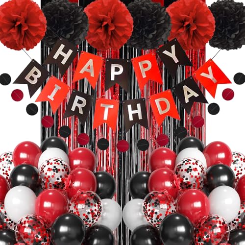 Decoración de cumpleaños rojo y negro, decoración de fiesta de cumpleaños negro y rojo, globos, pancarta de feliz cumpleaños, cortina de oropel, pompones para cumpleaños infantiles, decoración para