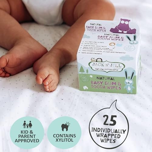 Image of Jack N' Jill Baby Gum & Tooth Natural Cotton Wipes, 25 Count | Baby Mouth Wipes for Teeth, Contains Only Water & Xylitol, Free from Fluoride & Sugar, Individually Wrapped