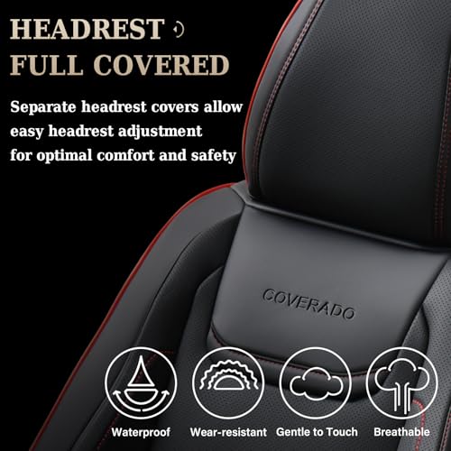 Image of Coverado Car Seat Covers Full Set, Seat Covers for Cars, Car Seat Protector Waterproof, Leather Cushion, Universal Car Interior Covers Seat Protectors for Most Cars Black-Redline
