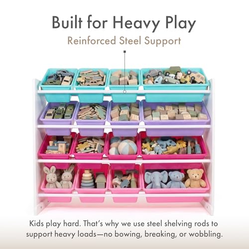 Image of Humble Crew Toy Storage Organizer with 16 Removable Storage Bins for Kids Playroom, 4-Tier Toddler Toy Organization, White /Blue /Pink /Purple