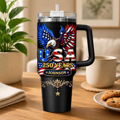 Image of Personalized 250th Anniversary Of America Tumbler - Custom Patriotic USA Flag 1776-2026 Gifts - US Eagle Freedom Tumbler 40oz A16 - American Flag Independence Celebration Gifts For Men, Women