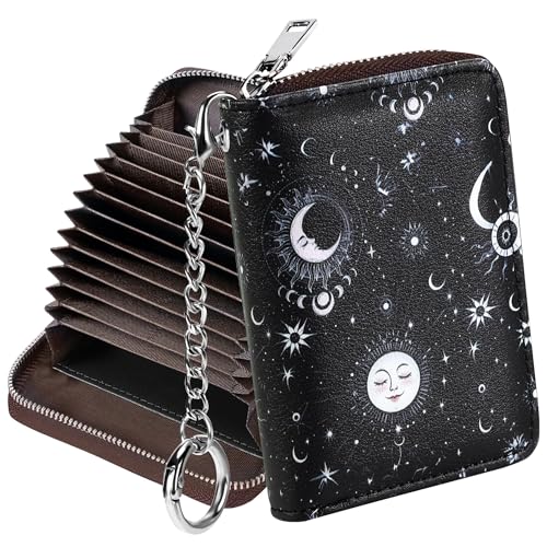 Image of Mayski Credit Card Holder, Zipper Credit Card Wallet for Women, Small Accordion Card Cases Holder, KeyChain Wallet, Business Card Holder, Sun Moon