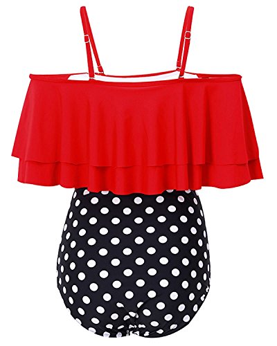 image for Tempt Me Women Red Two Piece Swimsuit High Waisted Bikini Off Shoulder