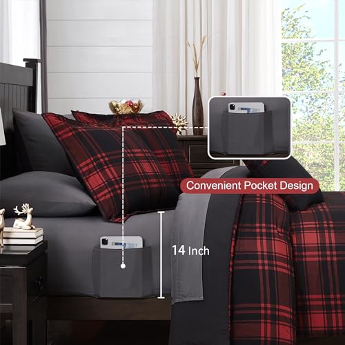 Image of MaiReve Queen Comforter Set, Classic Red Black Plaid Bedding Set 7 Pieces, Farmhouse Lightweight All Season Bed in a Bag with Sheets, Pillowcases & Shams