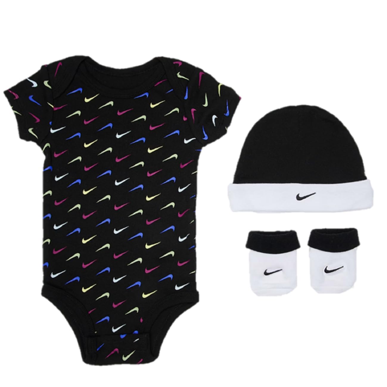 NIKE Swoosh Baby Set, Black, 3 Piece Bodysuit with Beanie and Booties, 6-12 Months