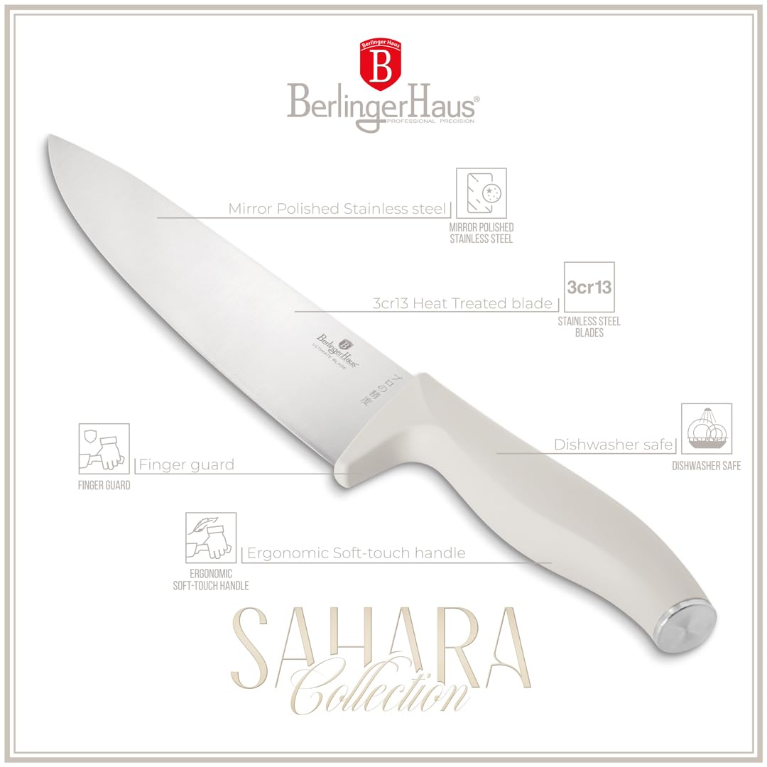 Berlinger Haus Lot de 6 couteaux en acier trempé inoxydable 3cr13 avec support en bambou/crème mat/collection Sahara