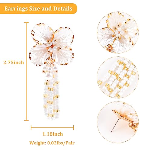 Bohemian White Flower Shell Earrings For Women Glass Seed Beads Tassel Beaded Stud Earring Handmade Floral Earrings Pearl Boho Statement Earrings Summer Beach Fashion Jewelry Gifts For Girls #TOP3