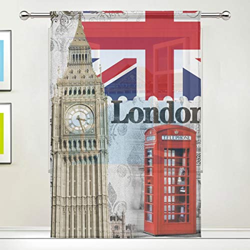 REFFW Hogar para el hogar Dormitorio Sala de Estar Decoración Imprimir Semi Transparente Caja roja Londres Big Ben Cortinas Cortina Transparente 55x84 Pulgadas Cortina de Ventana Tul Retro