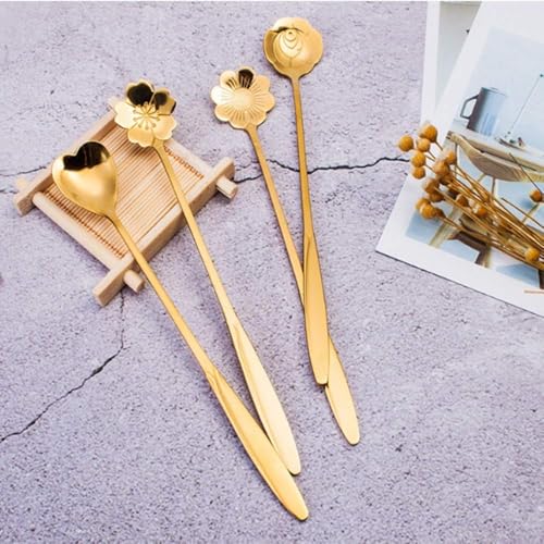 Image of Premium Gold Plated Stainless Steel Spoon Set with Floral Design Long Handle Coffee Tea Dessert Spoon Elegant Stirring Spoon for Kitchen