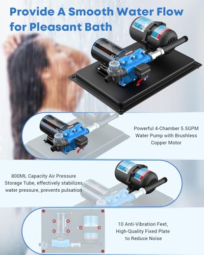 Image of Kohree RV Water Pump 12V DC 5.5GPM 55PSI and 0.75L 125PSI Pre-Pressurized Accumulator Tank, Quiet RV Water Pump and Accumulator Tank System for RV Camping, Boat, Kitchen, Bathroom