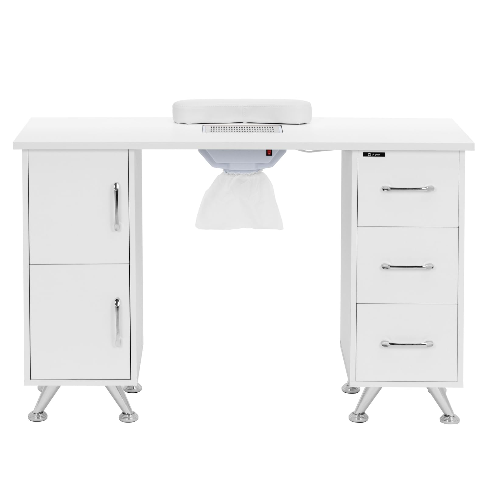 physa Mesa para manicura blanca y plateada con succión de polvo 3 cajones reposamanos Mesa para uñas Mesa de uñas con aspiradora Mesa para salón de uñas