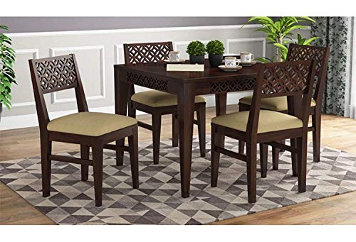 Image of Sheesham Wood Dining Table 4 Seater Set || Dining Room Furniture || CNC Cuting Dining Table Set || Dining Table with Chair Set || Wooden 4 Seater Dining Table with Cushion || Walnut Finish