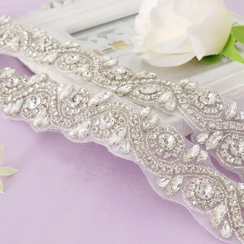Pardecor Wedding Sash Dress Belt Bridal Rhinestone Belt Crystal Silver Trim Womens Belt Ivory Ribbon for Wedding4