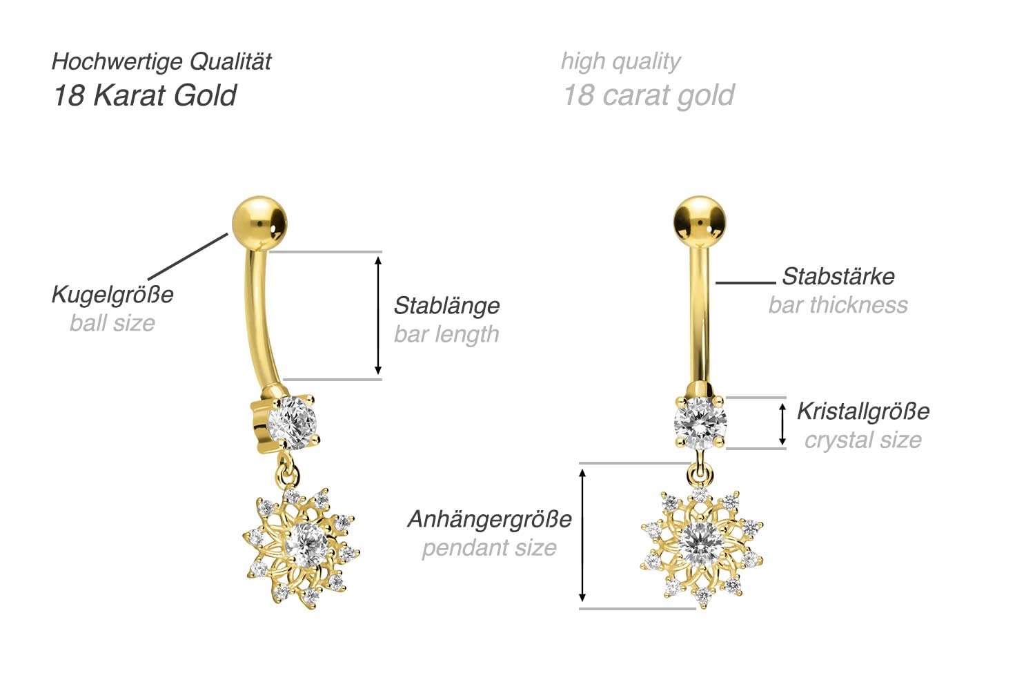 PIERCINGLINE 18 Karat Gold Bauchnabelpiercing mit KRISTALLBLUME Bananabell Piercing Gelbgold