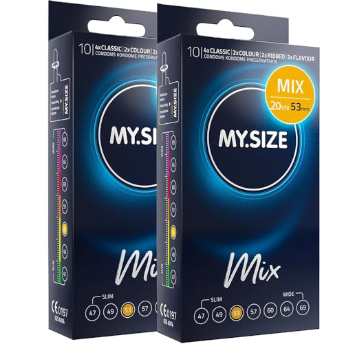 MY.SIZE Mix preservativos 53 mm 20 unidades – Talla regular | Variedades: azul, rojo sabor fresa, estriado, natural | Preservativos premium | Marca alemana | Grosor 0,07 mm