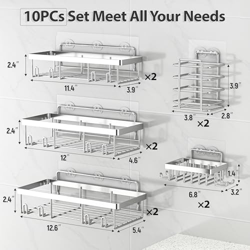 Image of Liuoud 10 Pack Shower Caddy Organizer Rack Shelf for Inside Shower, Self Adhesive Wall Storage Basket Rustproof Stainless Steel Shampoo Holder Bathroom Accessory Decor Set, Silver