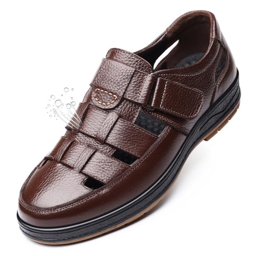 Men's Leather Sandals, Outdoor Athletic Walking Shoes with Adjustable Straps, Closed Toe Water Sandals, Lightweight Breathable Non-slip