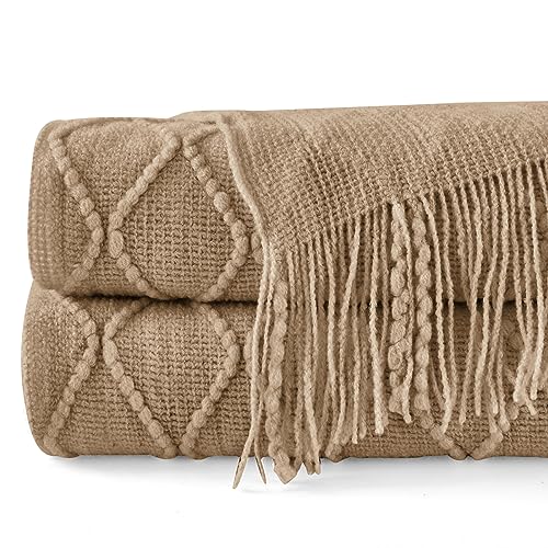 inhand Knitted Throw Blankets for Couch and Bed, Soft Cozy Knit Blanket with Tassel, Khaki Lightweight Decorative Blankets and Throws, Farmhouse Warm Woven Blanket for Men and Women, 50"x60"