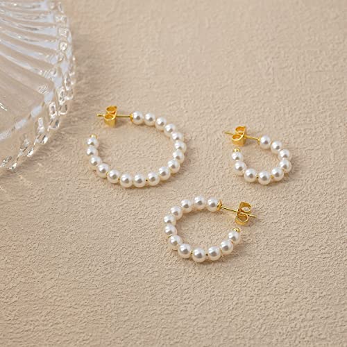 3 Pairs Pearl Hoop Earrings For Women Girls,14K Gold Plated Pearl Earrings Lightweight Hoops Small Pearl Hoops #TOP6