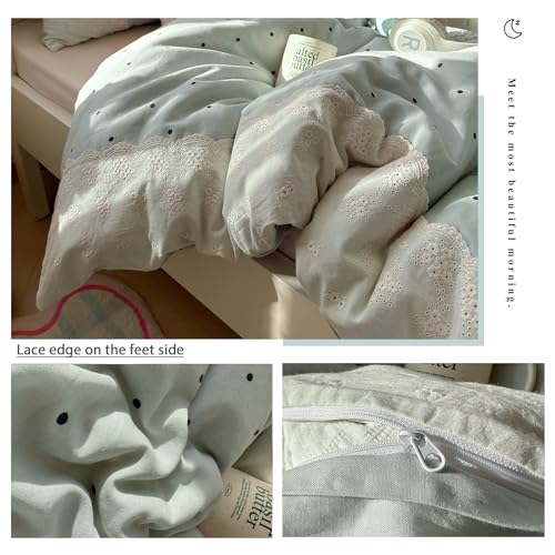 Image of VM VOUGEMARKET Sage Green Bedding Set Twin 3 Pieces Black Dots Duvet Cover Set with Lace Edge-Soft Microfiber Princess Style Comforter Cover for Teen Girls-68x86 Inch