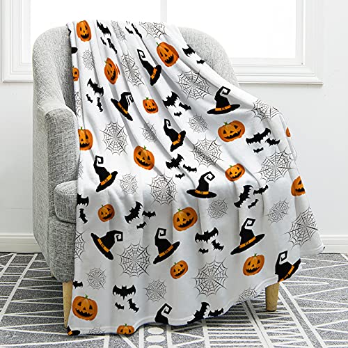 Jekeno Halloween Pumpkin Spooky Blanket Bats Hat Spider Webs Print Gifts for Women Kids Girls Boys Home Bedroom Living Room Decor Soft Cozy All Saints' Day Throw Blankets White 50"x60"